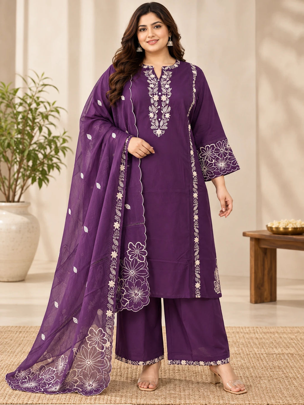 Plus Size Plum Embroidered Cotton 3-Piece Kurta Palazzo Set