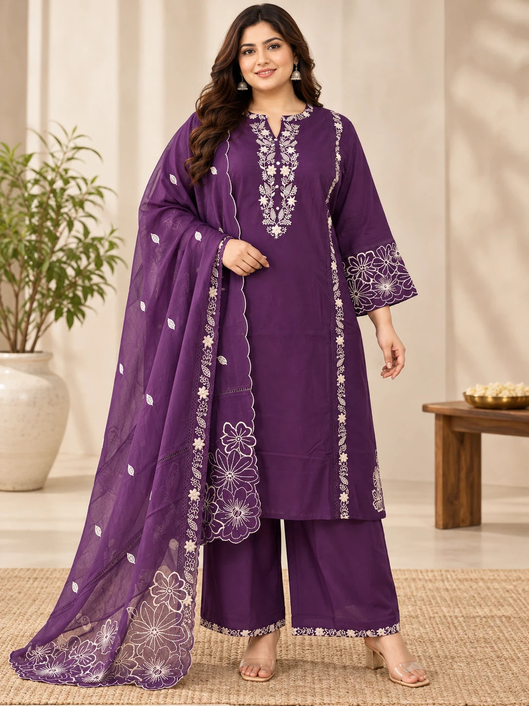 Plus Size Plum Embroidered Cotton 3-Piece Kurta Palazzo Set
