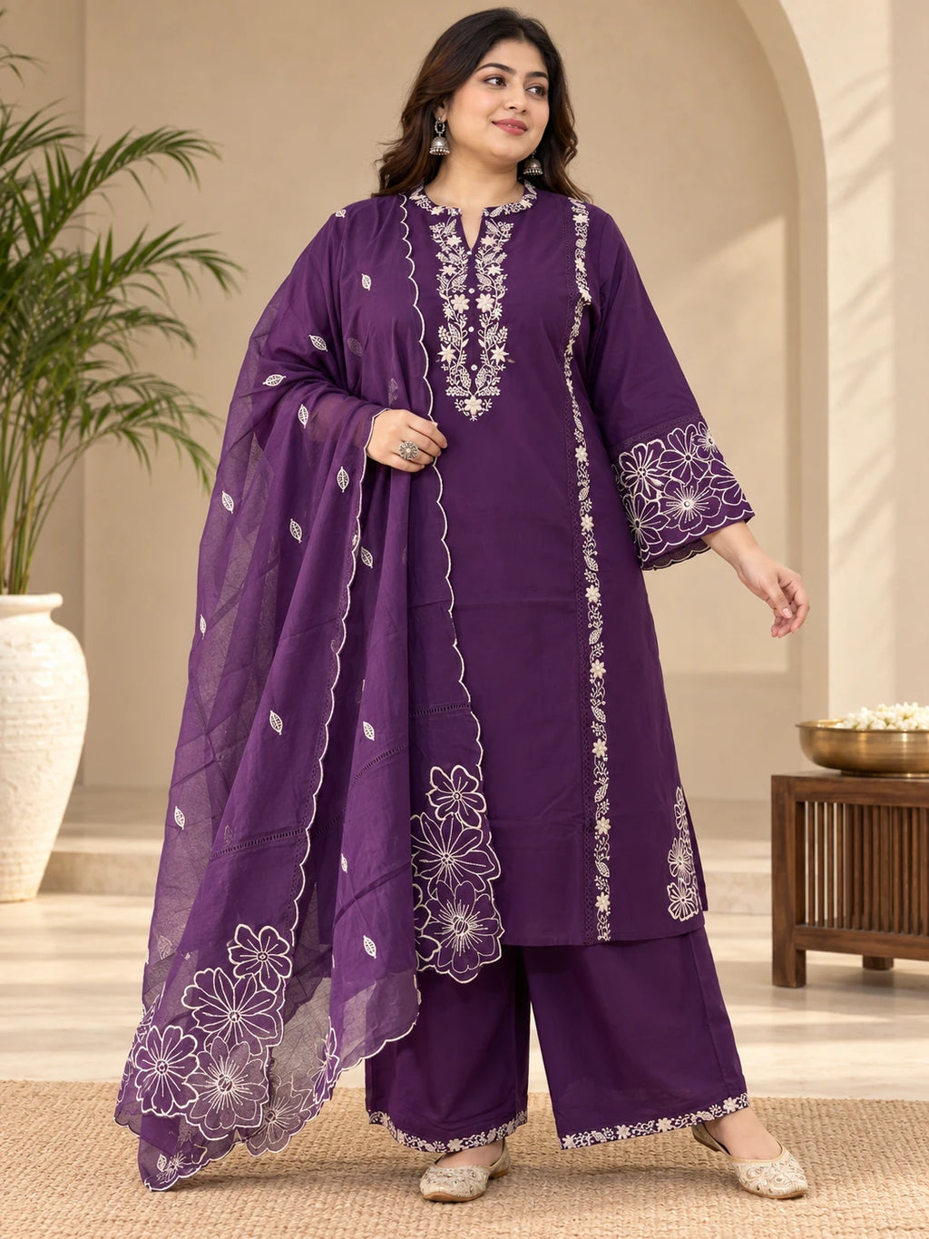Plus Size Plum Embroidered Cotton 3-Piece Kurta Palazzo Set