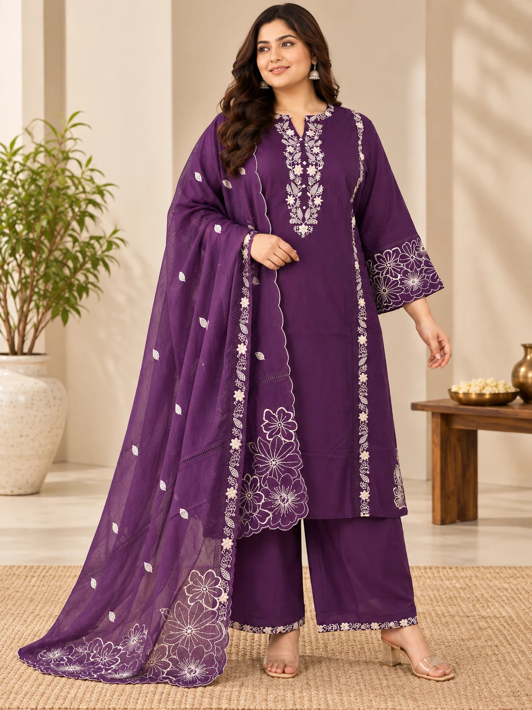 Plus Size Plum Embroidered Cotton 3-Piece Kurta Palazzo Set