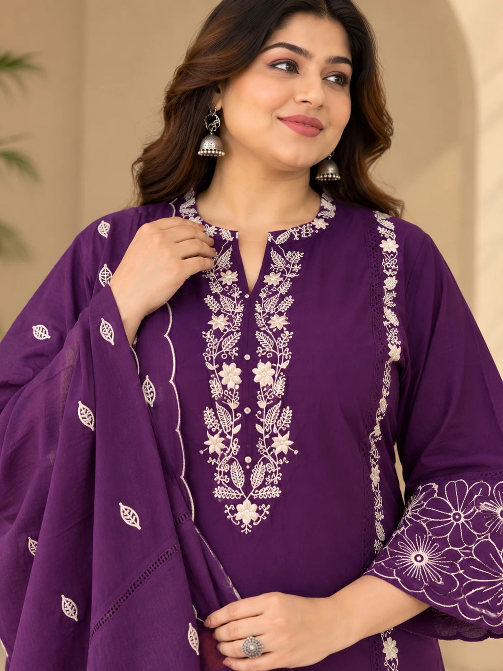 Plus Size Plum Embroidered Cotton 3-Piece Kurta Palazzo Set
