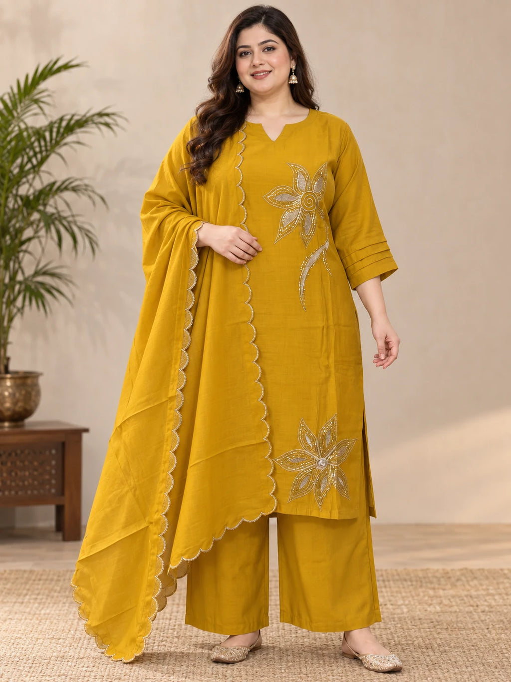 Plus Size Embroidered Mul Chanderi Silk 3-Piece Kurta Palazzo Set