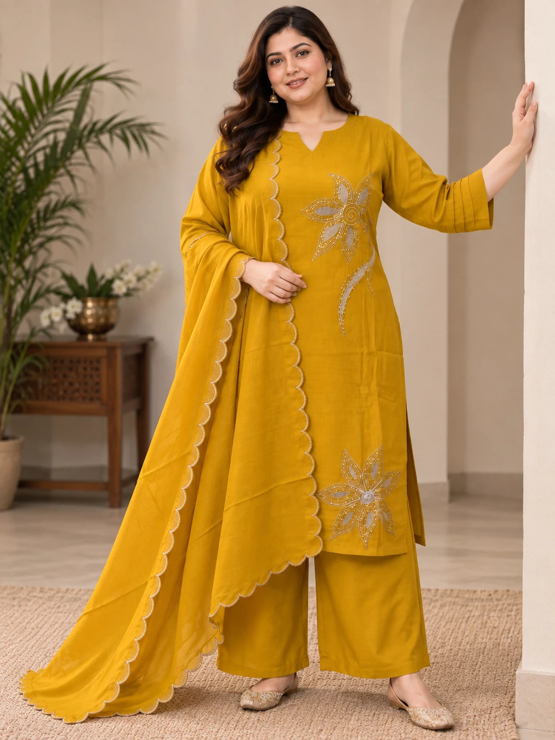 Plus Size Embroidered Mul Chanderi Silk 3-Piece Kurta Palazzo Set