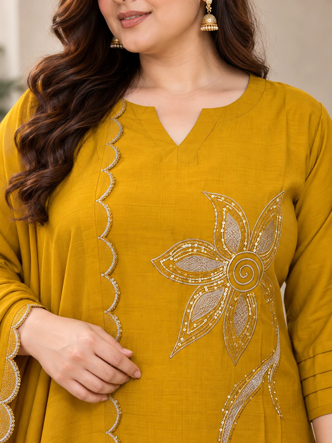 Plus Size Embroidered Mul Chanderi Silk 3-Piece Kurta Palazzo Set