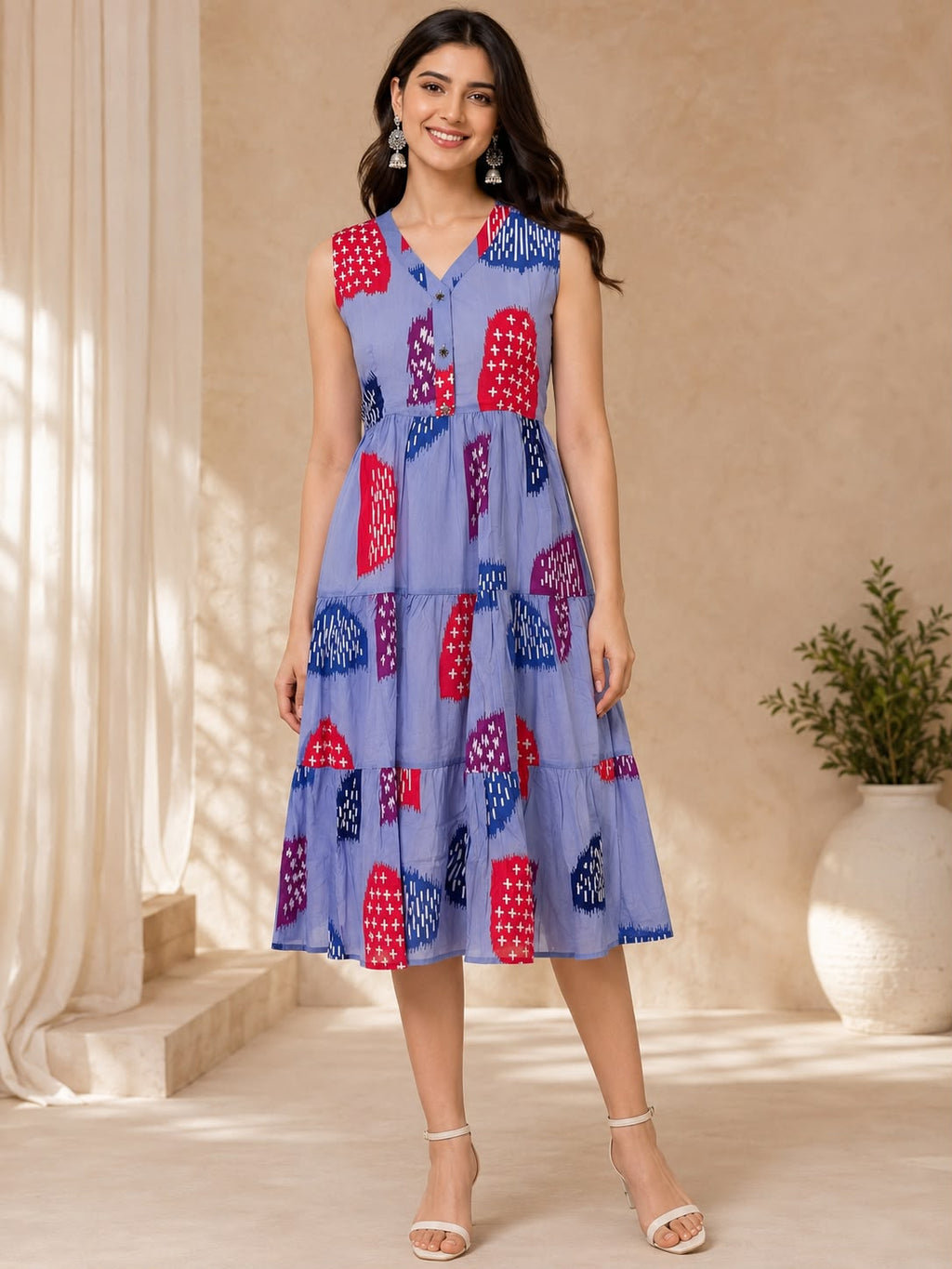 Powder Blue Cotton Printed V-Neck One-Piece Dress
