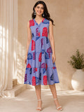 Powder Blue Cotton Printed V-Neck One-Piece Dress