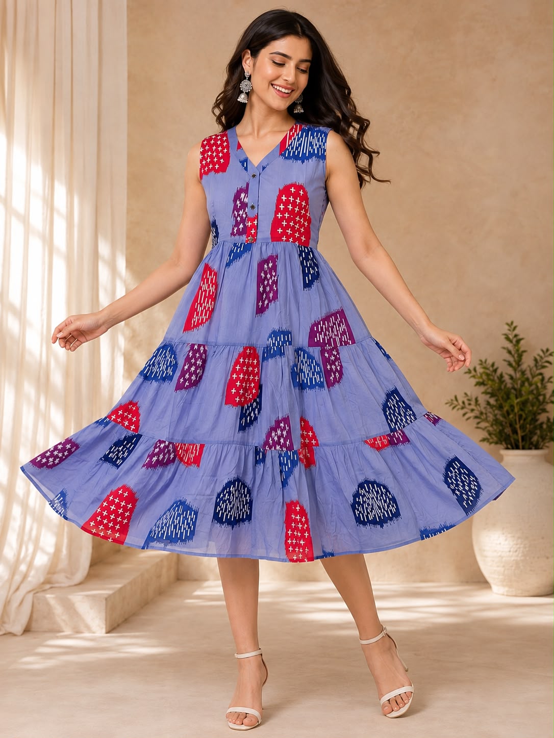 Powder Blue Cotton Printed V-Neck One-Piece Dress