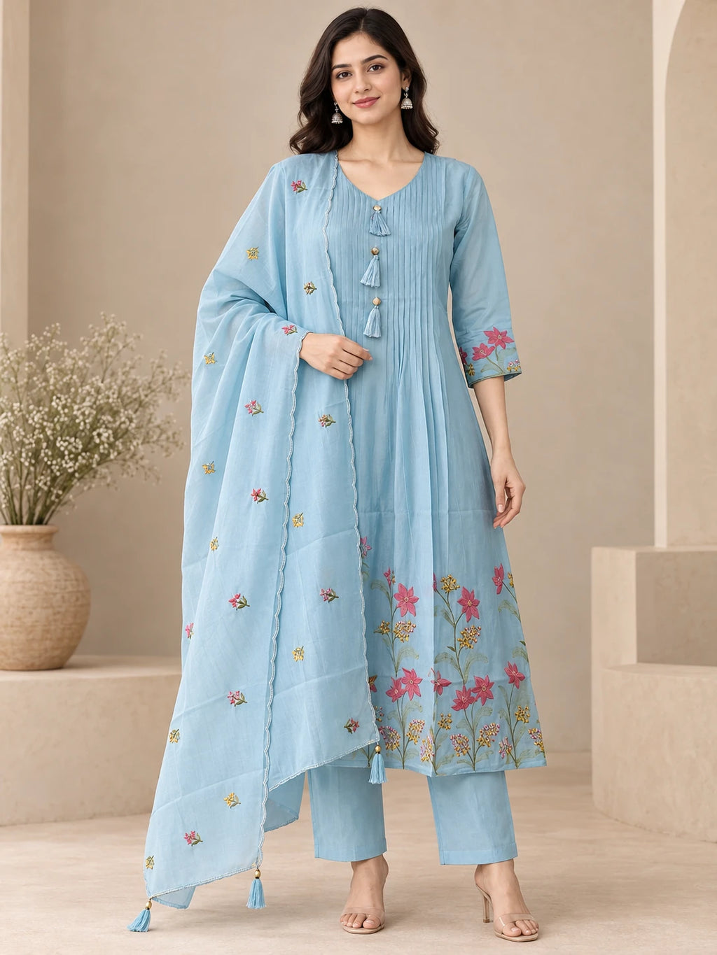 Mull Chanderi Powder Blue Silk 3-Piece Set