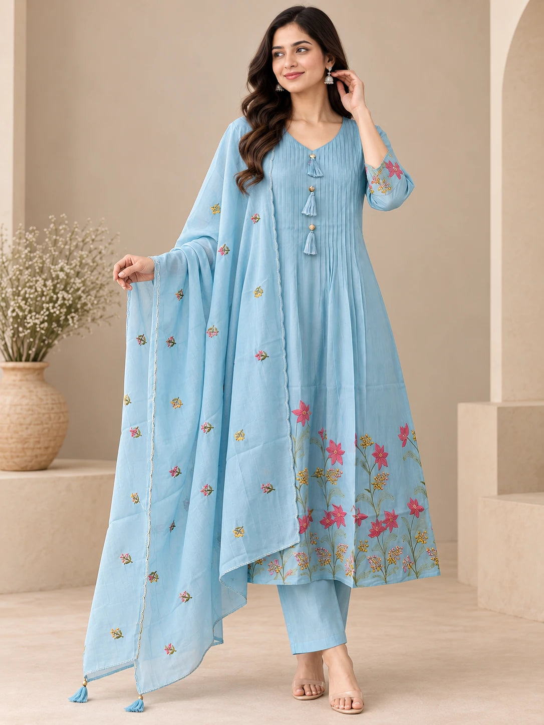 Mull Chanderi Powder Blue Silk 3-Piece Set