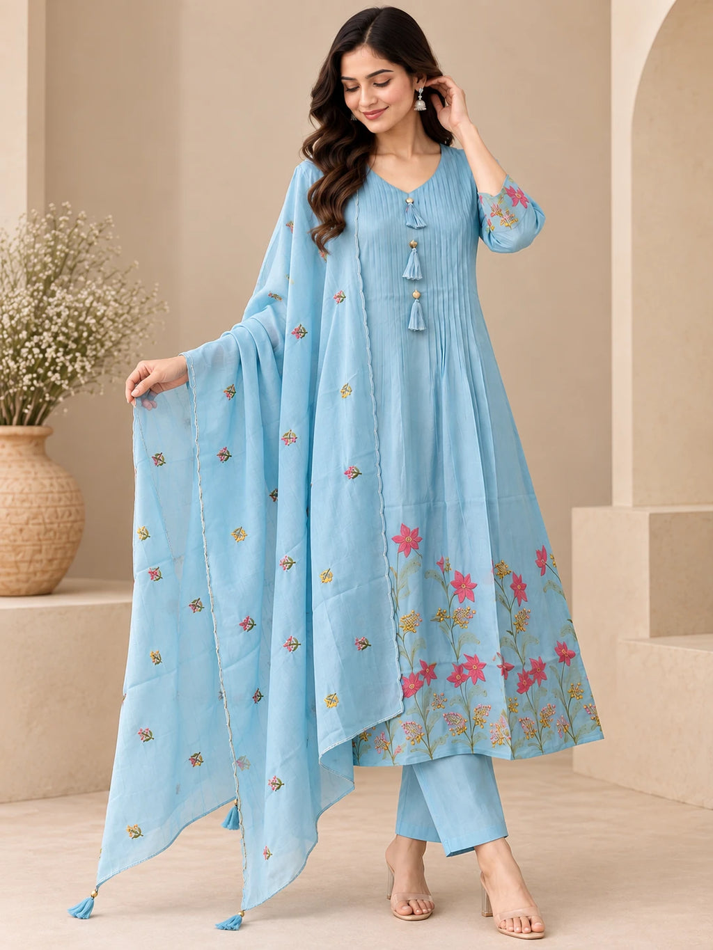 Mull Chanderi Powder Blue Silk 3-Piece Set