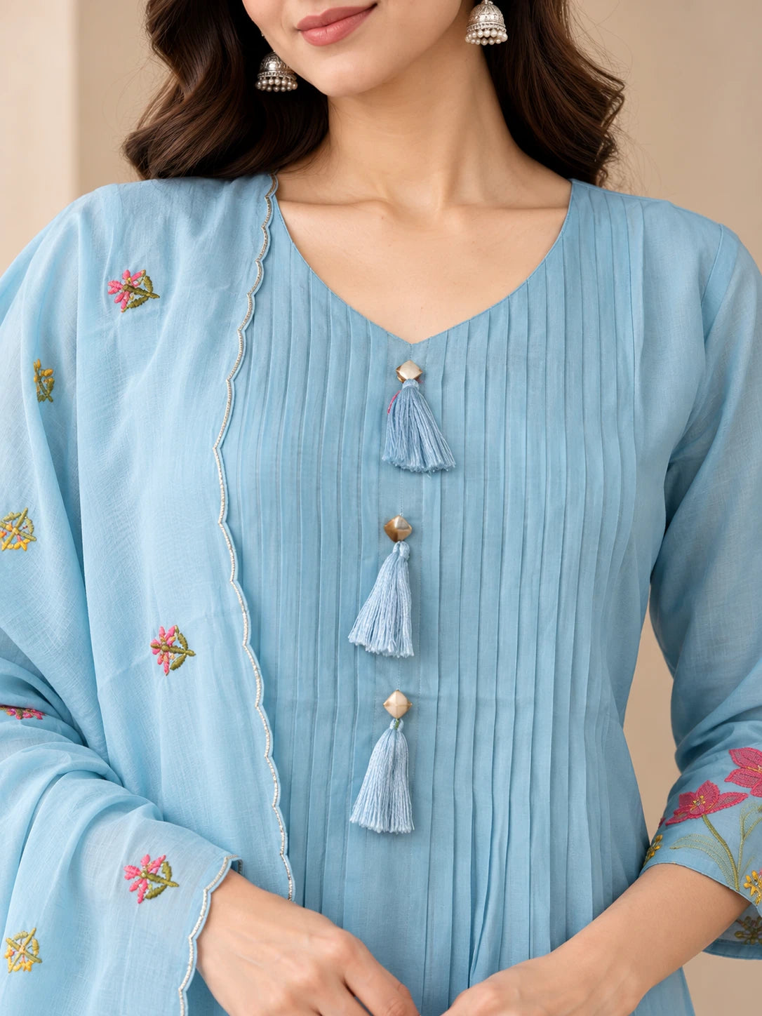 Mull Chanderi Powder Blue Silk 3-Piece Set