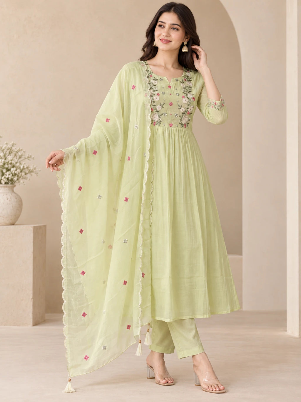 Mull Chanderi Pista Green Silk 3-Piece Set