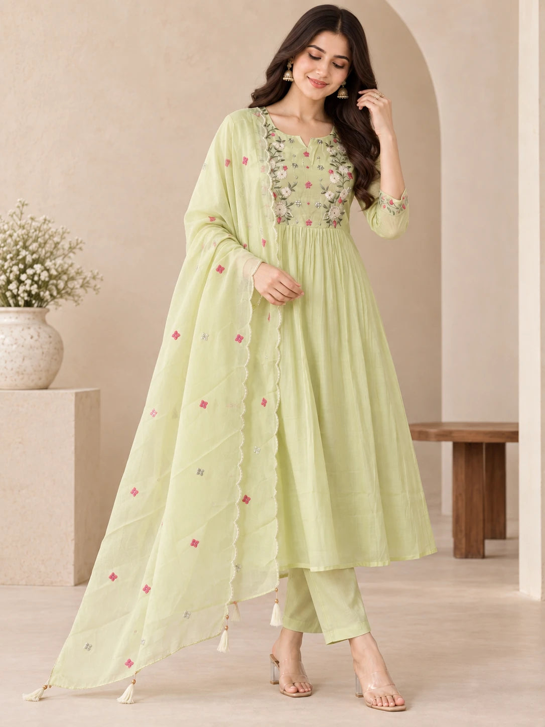 Mull Chanderi Pista Green Silk 3-Piece Set