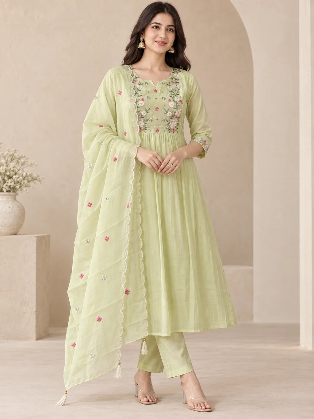 Mull Chanderi Pista Green Silk 3-Piece Set