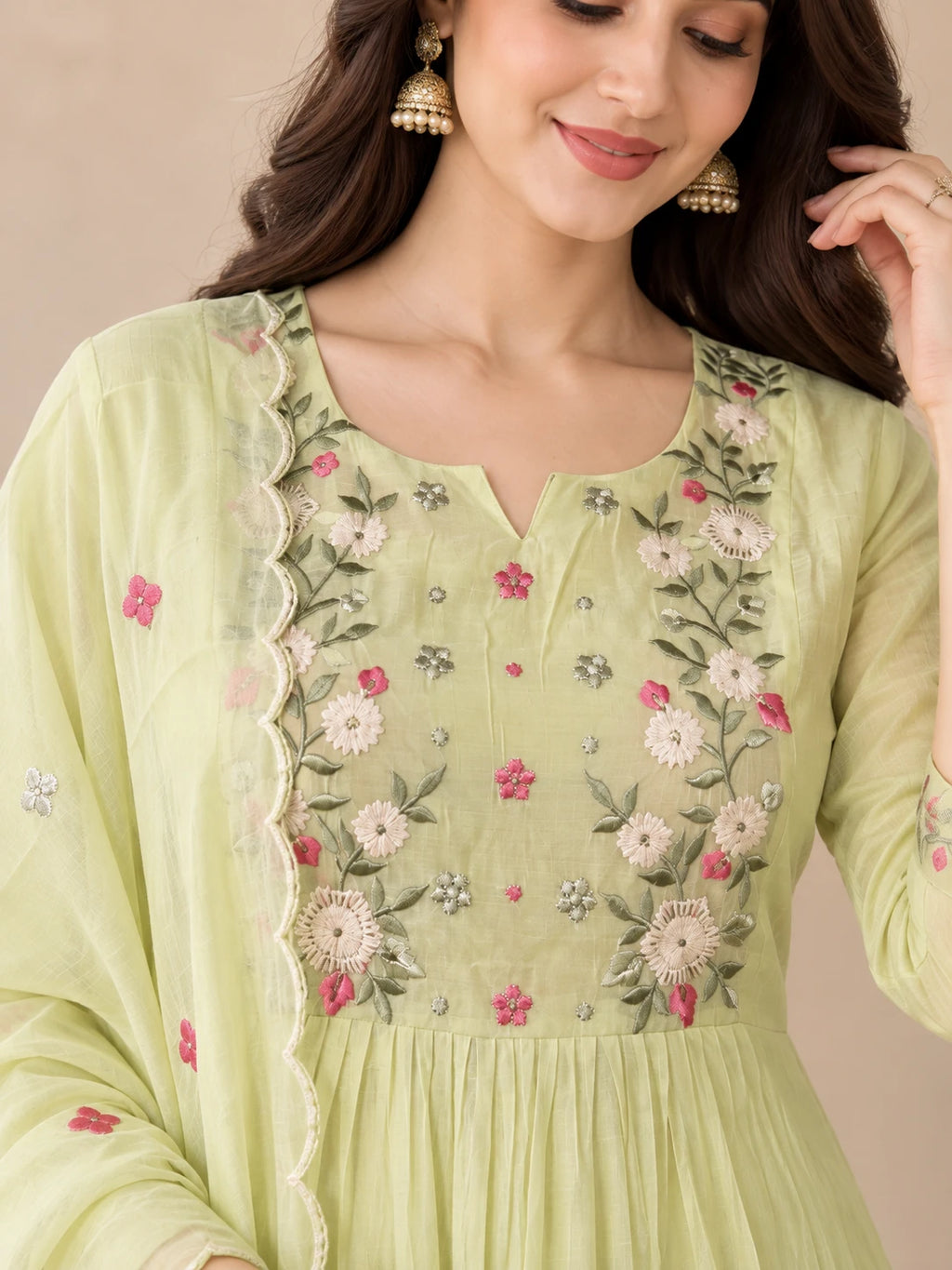 Mull Chanderi Pista Green Silk 3-Piece Set