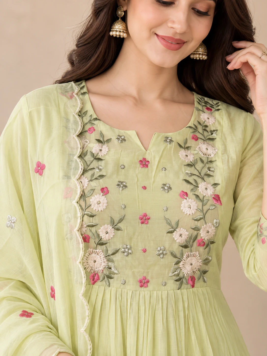 Mull Chanderi Pista Green Silk 3-Piece Set