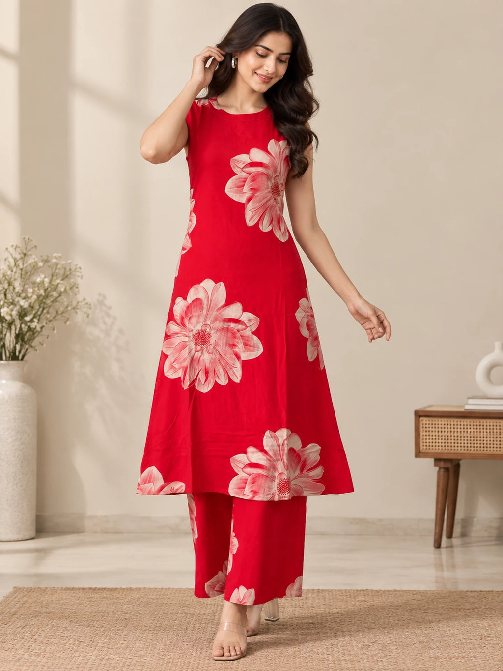 Peach Rayon Printed Halter Neck Kurta Palazzo  Set