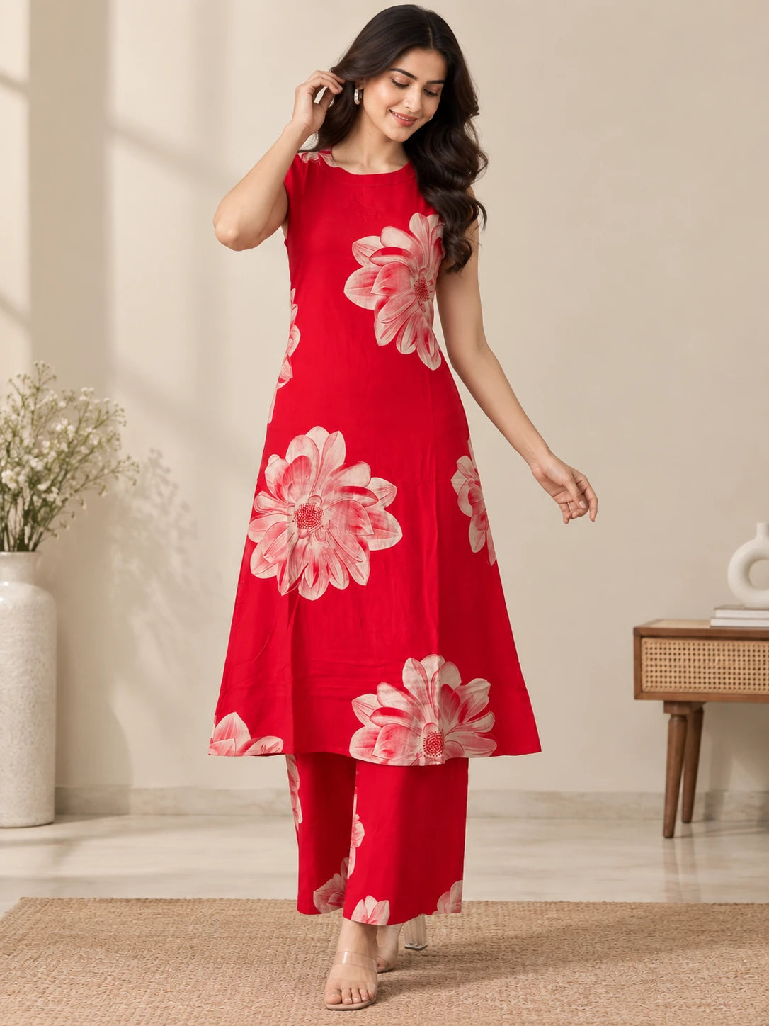 Peach Rayon Printed Halter Neck Kurta Palazzo  Set