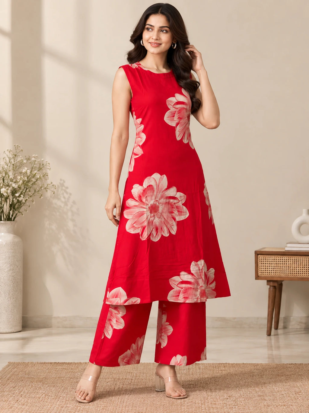 Peach Rayon Printed Halter Neck Kurta Palazzo  Set
