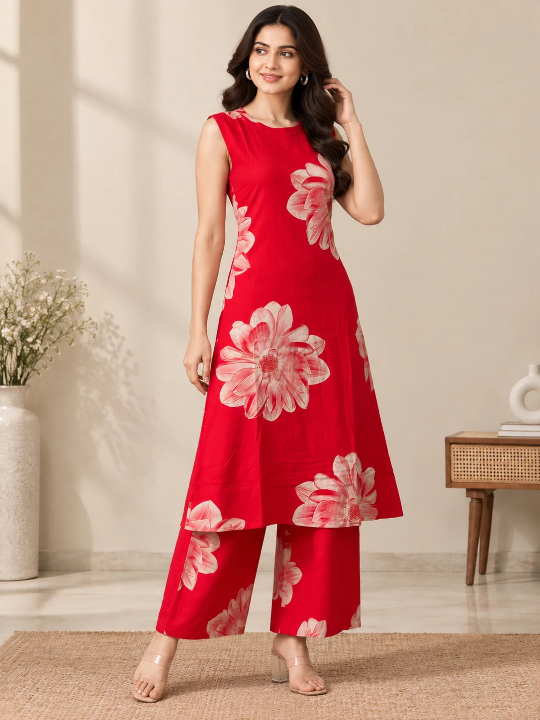 Peach Rayon Printed Halter Neck Kurta Palazzo  Set