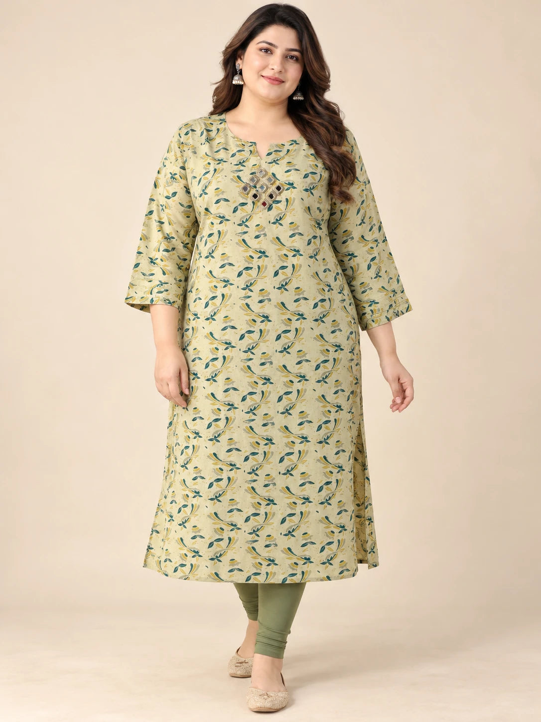 Pista Gold Silk Printed Plus Size Kurta