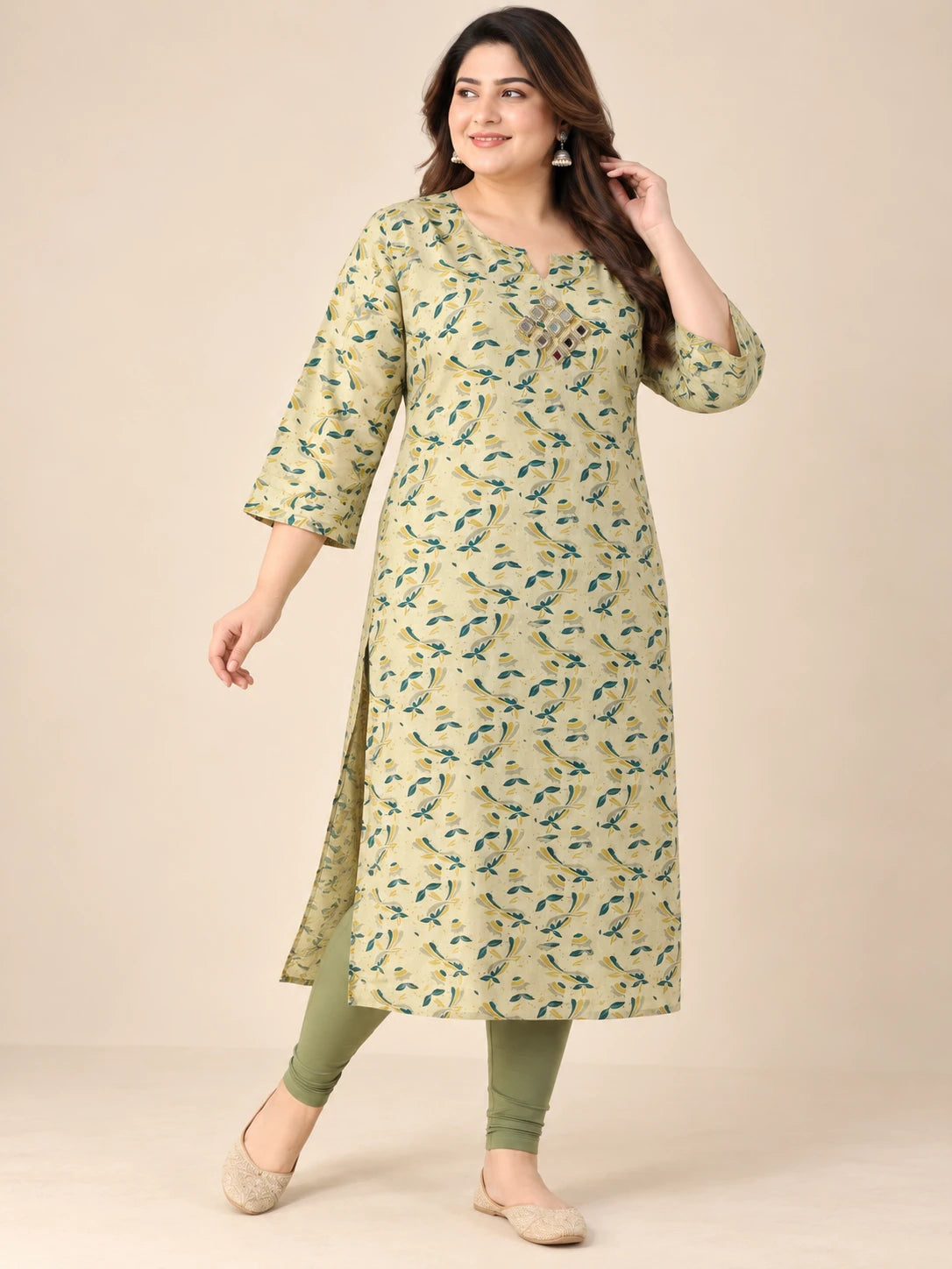 Pista Gold Silk Printed Plus Size Kurta