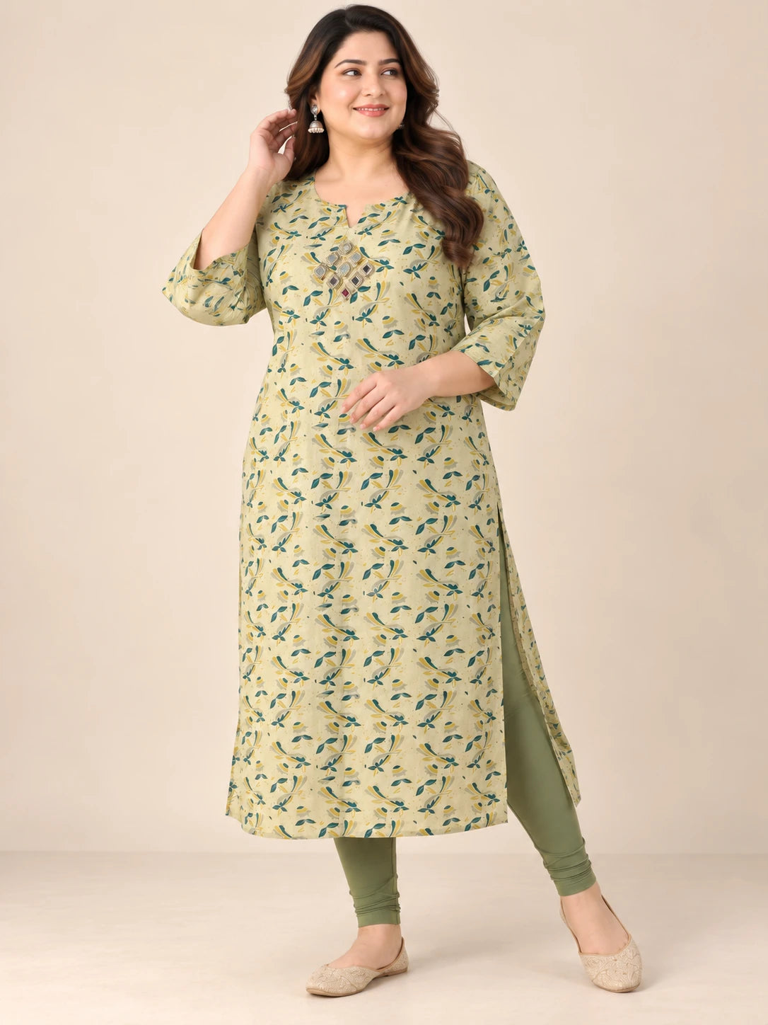Pista Gold Silk Printed Plus Size Kurta