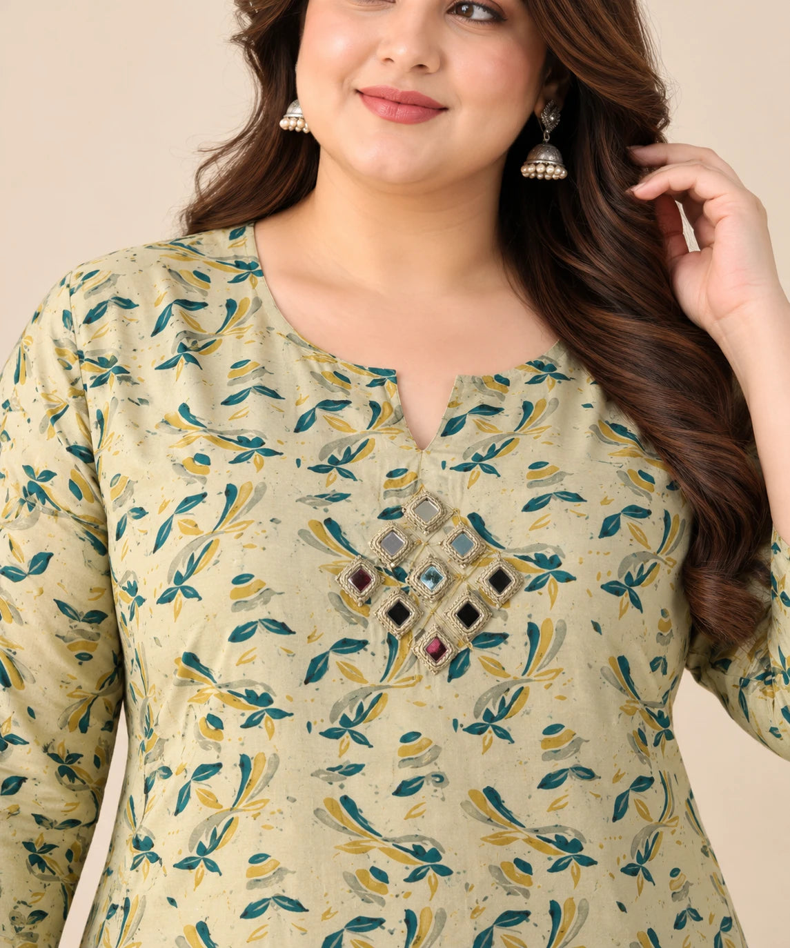 Pista Gold Silk Printed Plus Size Kurta