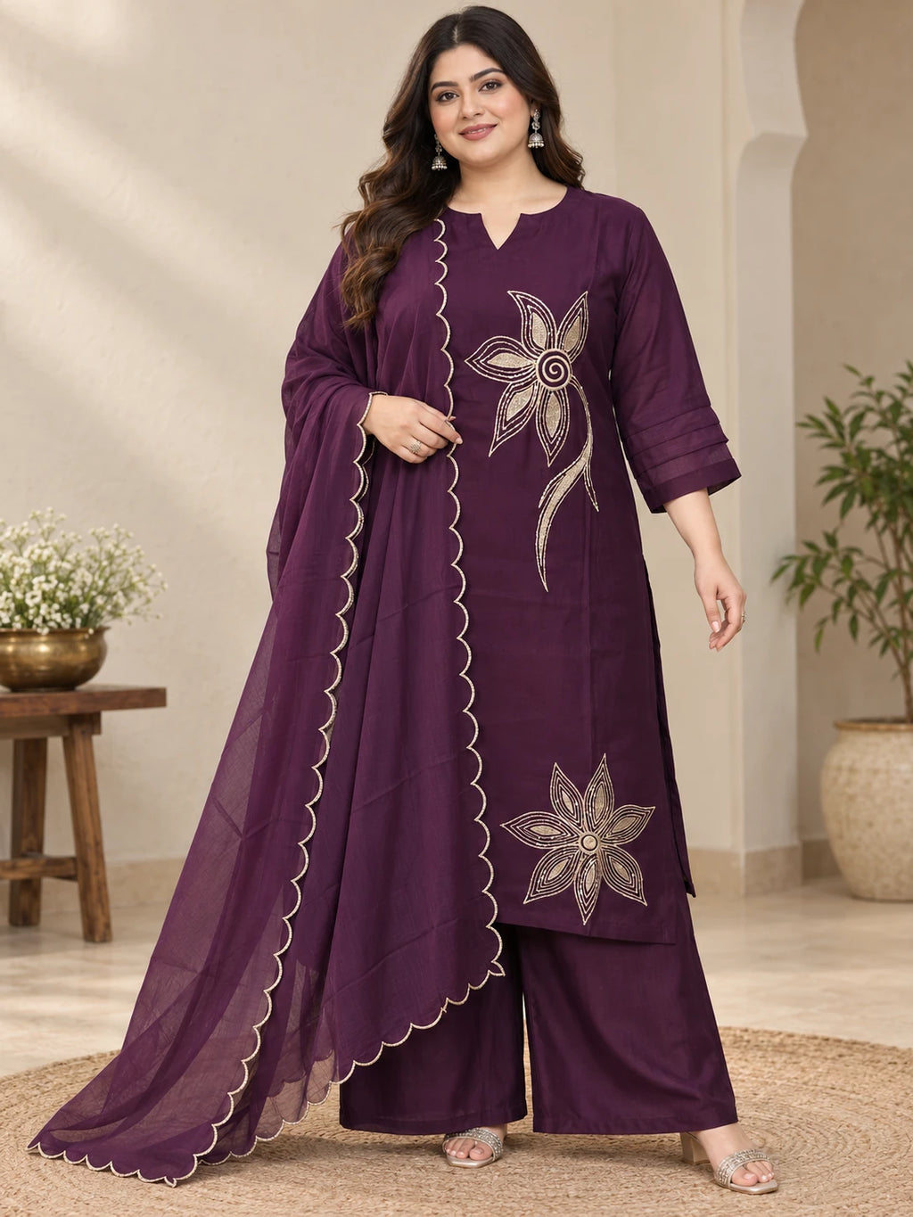 Plus Size Embroidered Mul Chanderi Silk 3-Piece Kurta Palazzo Set