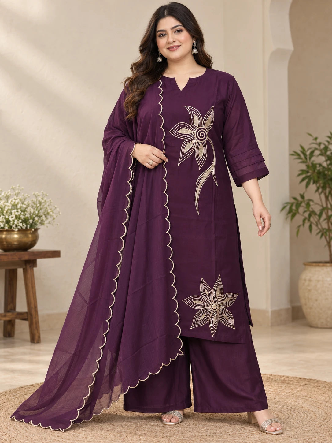 Plus Size Embroidered Mul Chanderi Silk 3-Piece Kurta Palazzo Set