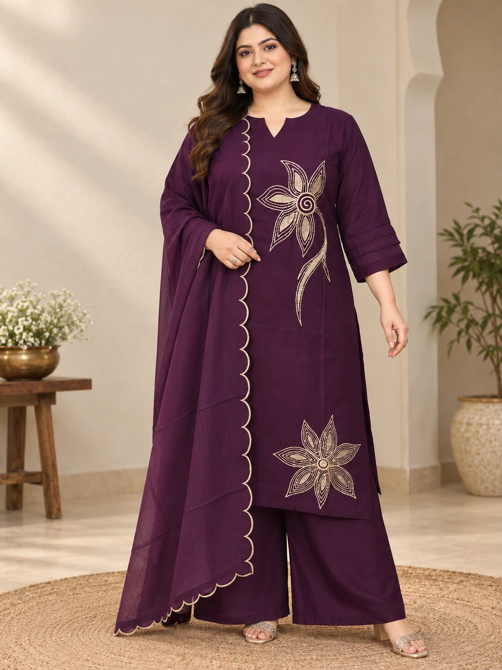 Plus Size Embroidered Mul Chanderi Silk 3-Piece Kurta Palazzo Set