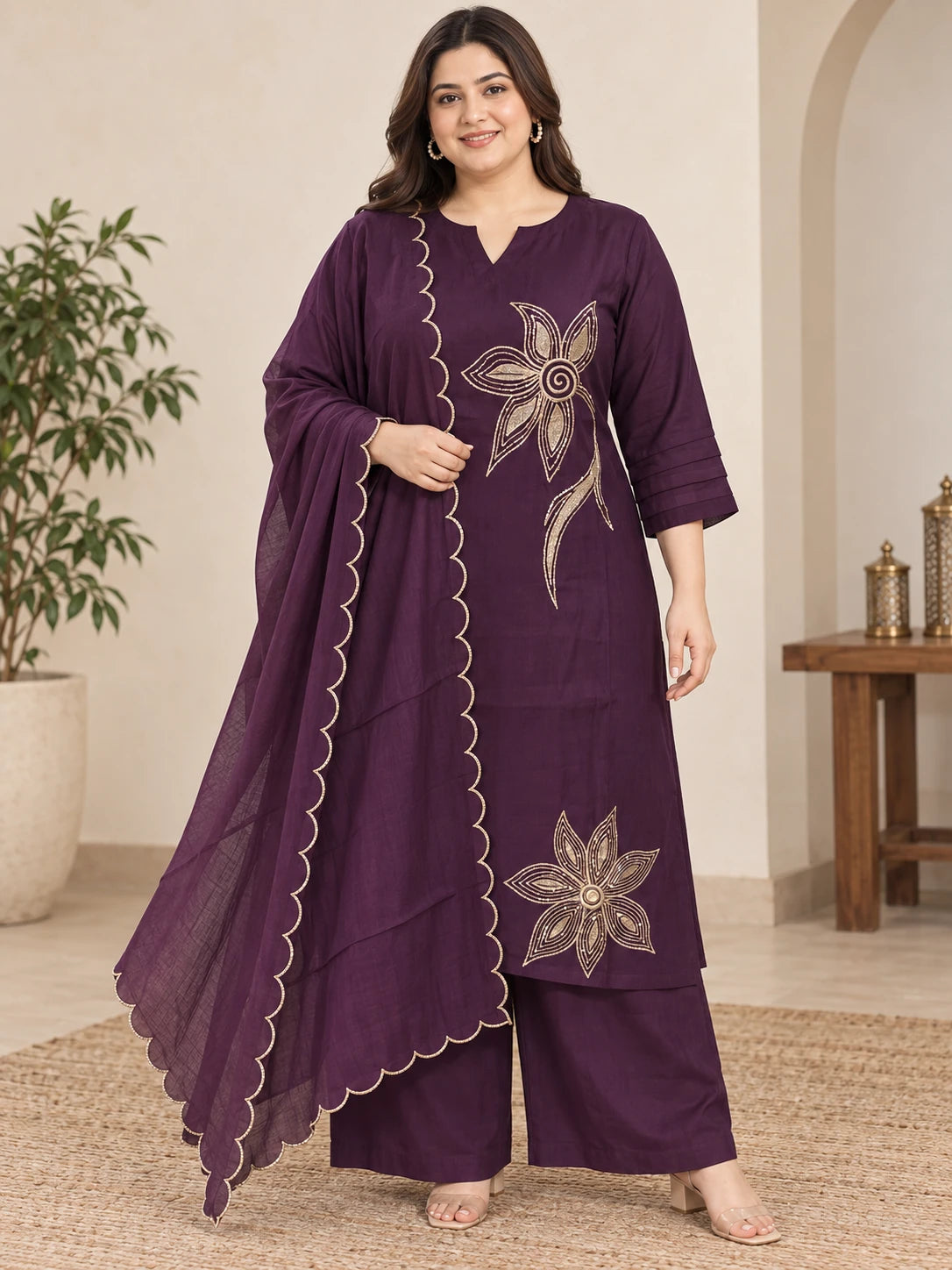 Plus Size Embroidered Mul Chanderi Silk 3-Piece Kurta Palazzo Set