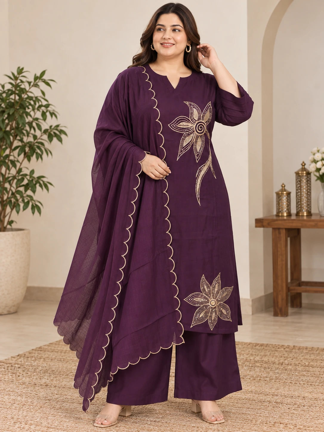 Plus Size Embroidered Mul Chanderi Silk 3-Piece Kurta Palazzo Set