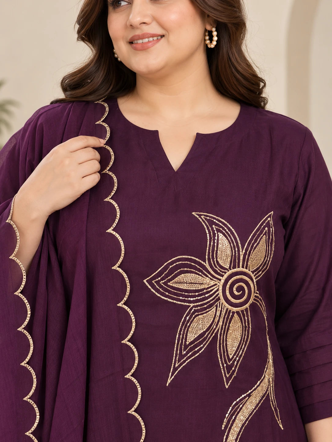 Plus Size Embroidered Mul Chanderi Silk 3-Piece Kurta Palazzo Set