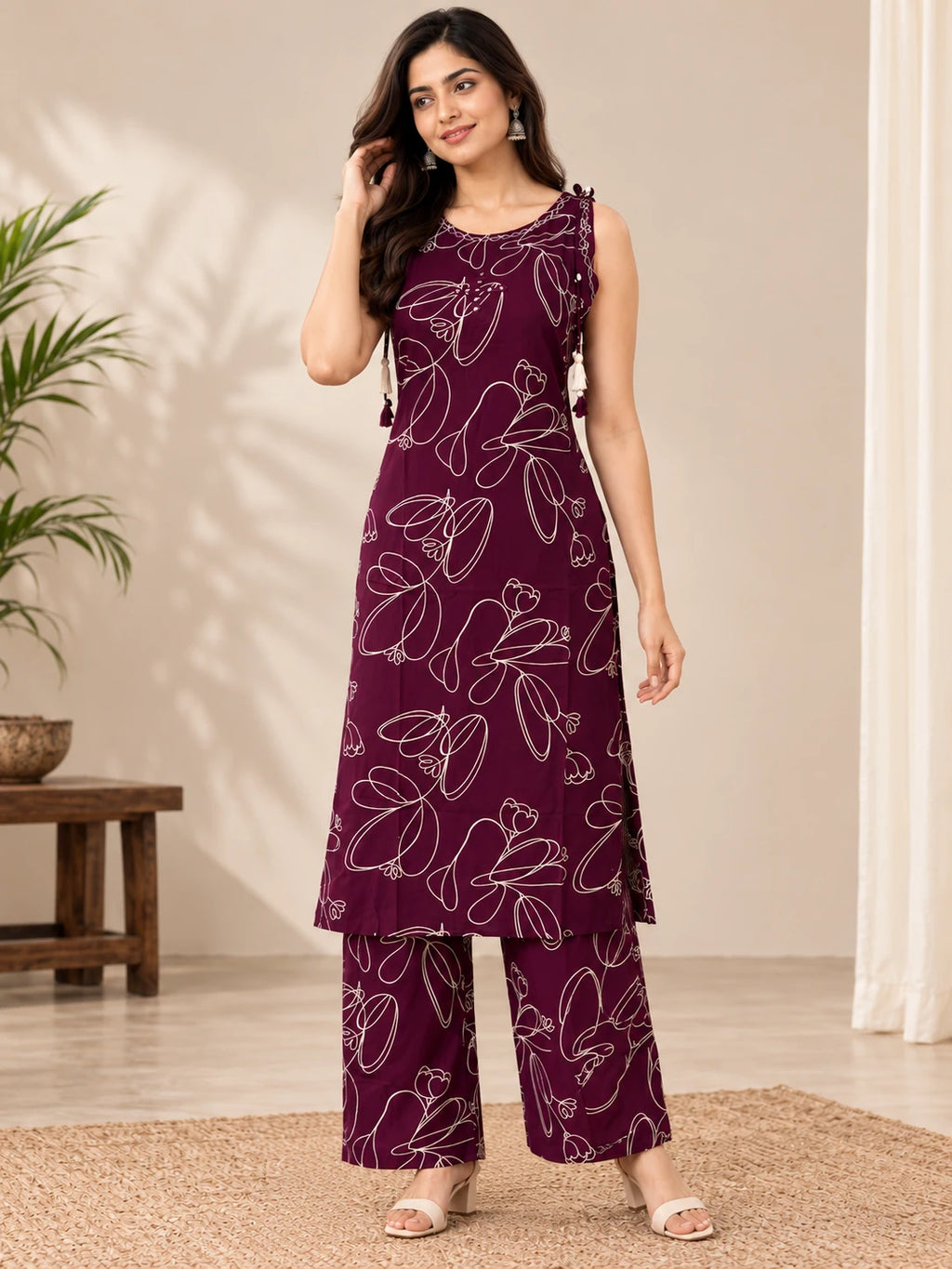 Plum purple Printed Kurta Palazo Set