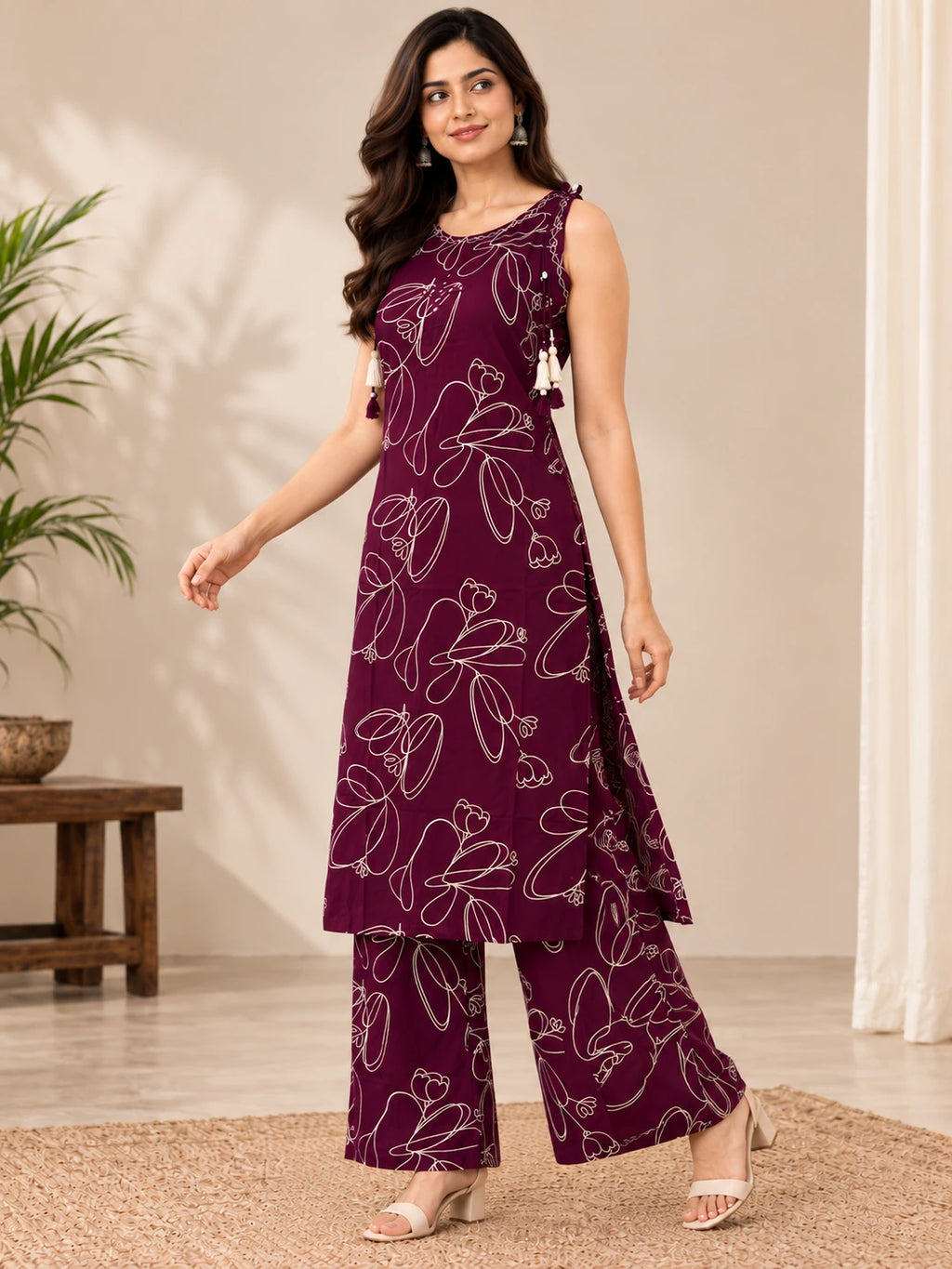 Plum purple Printed Kurta Palazo Set