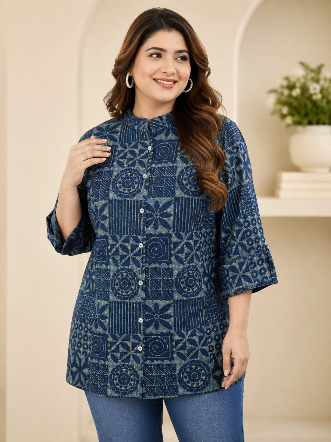 Blue Printed Plus Size Tunic Top