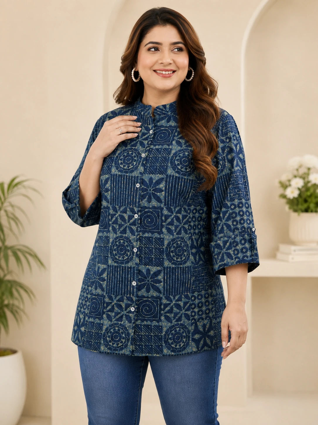 Blue Printed Plus Size Tunic Top