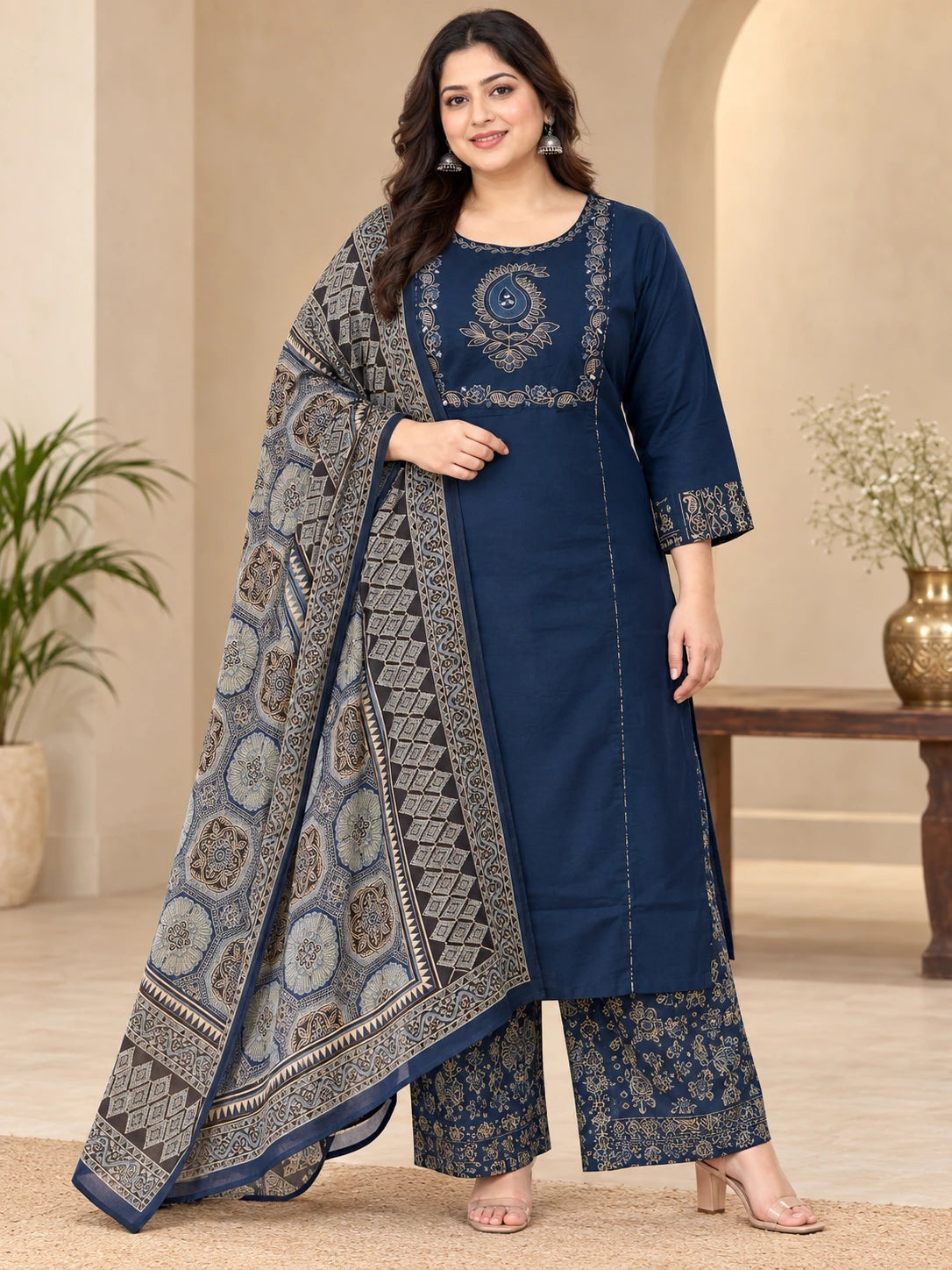Plus Size Cotton 3-Piece Kurta Palazzo Set with Printed Dupatta