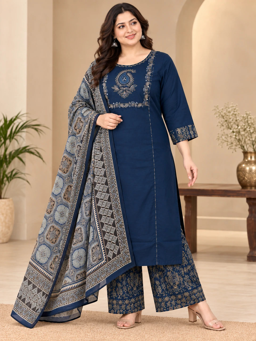 Plus Size Cotton 3-Piece Kurta Palazzo Set with Printed Dupatta