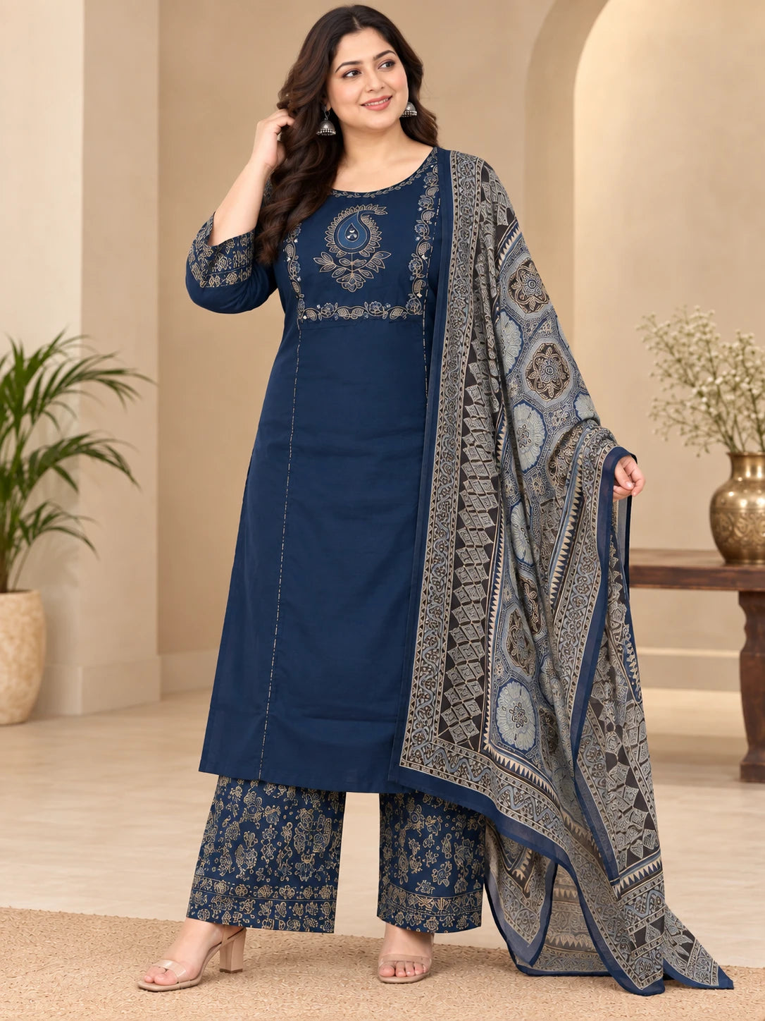 Plus Size Cotton 3-Piece Kurta Palazzo Set with Printed Dupatta