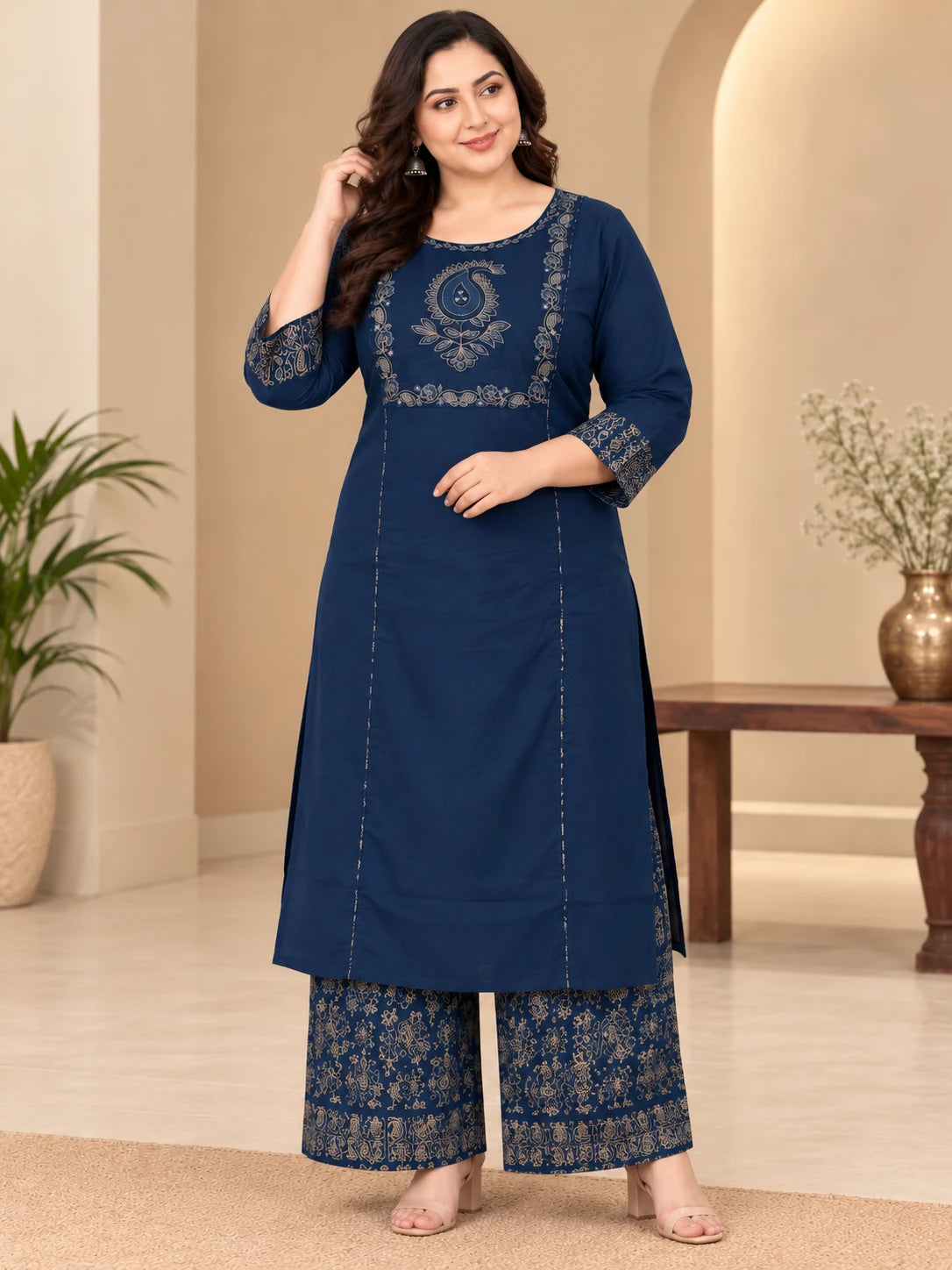 Plus Size Cotton 3-Piece Kurta Palazzo Set with Printed Dupatta