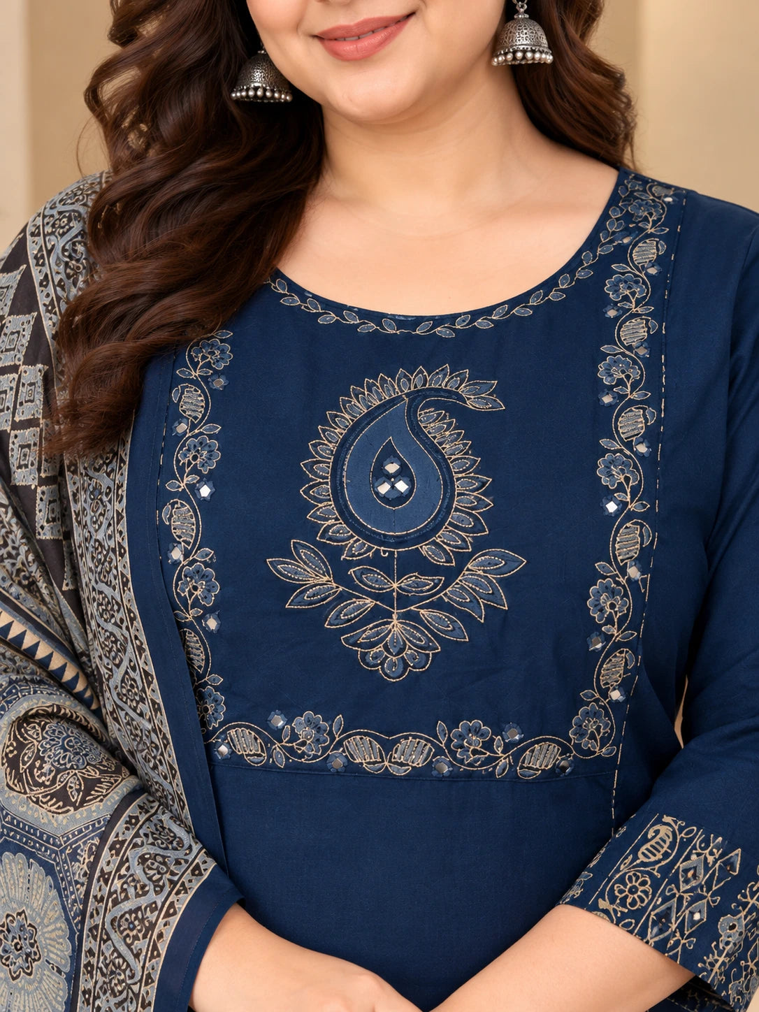 Plus Size Cotton 3-Piece Kurta Palazzo Set with Printed Dupatta