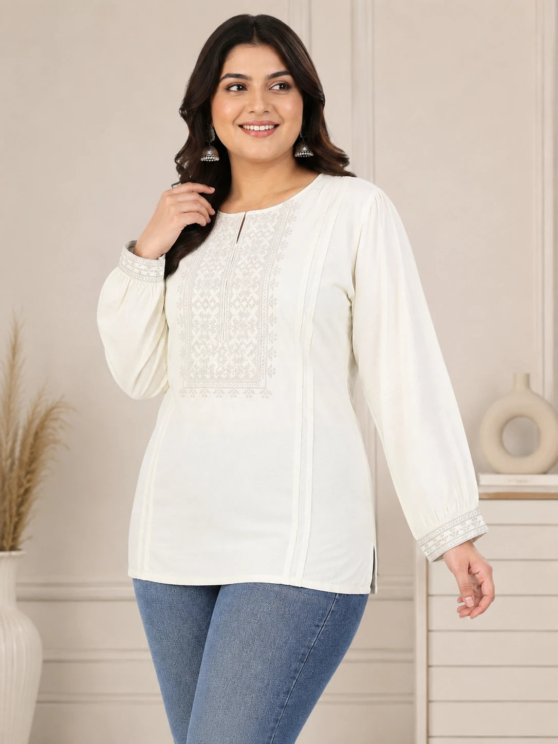 White Embroidered Tunic Top