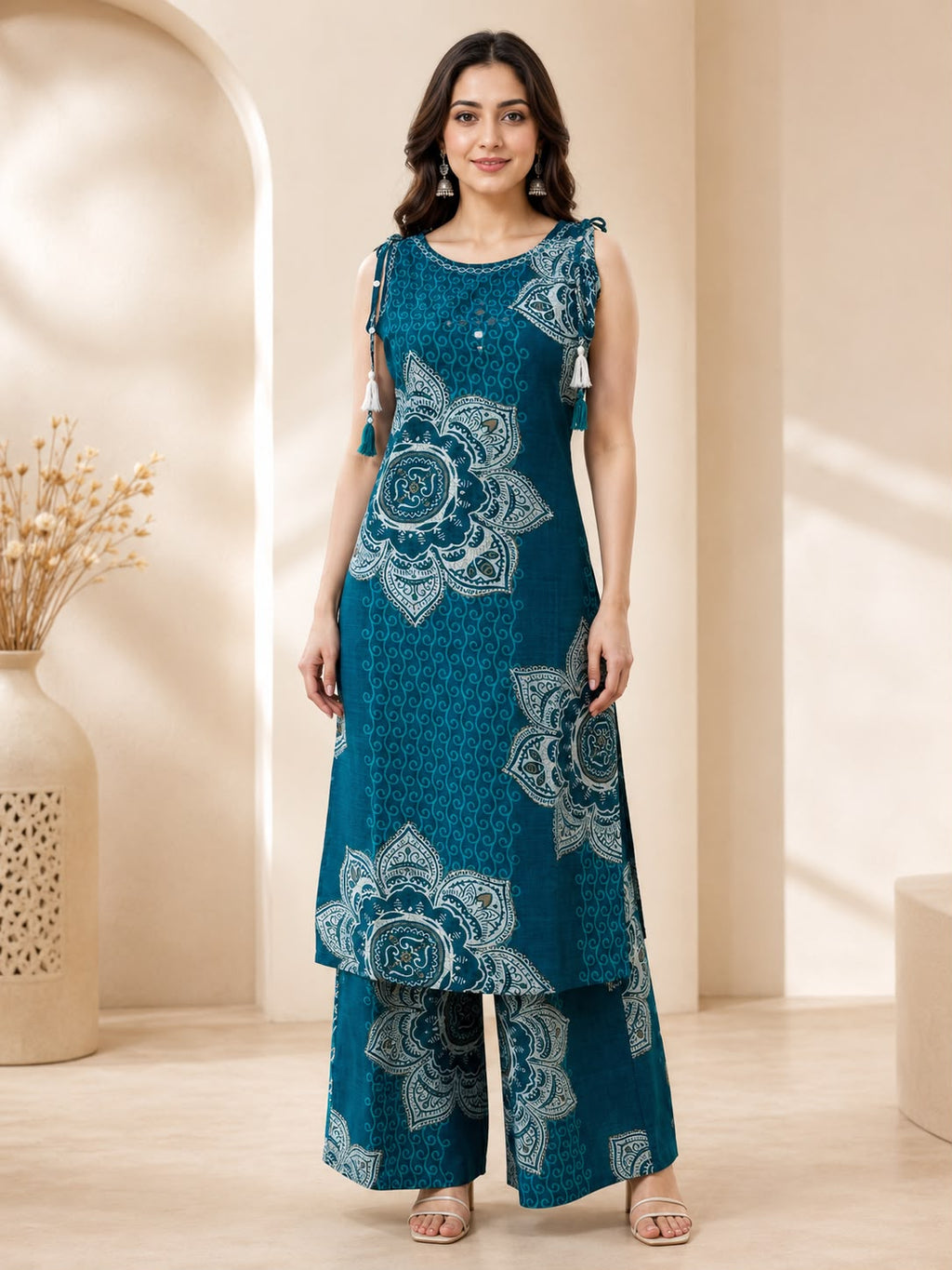 Rama Blue Printed Boat-Neck Co-ord Set with Palazzo