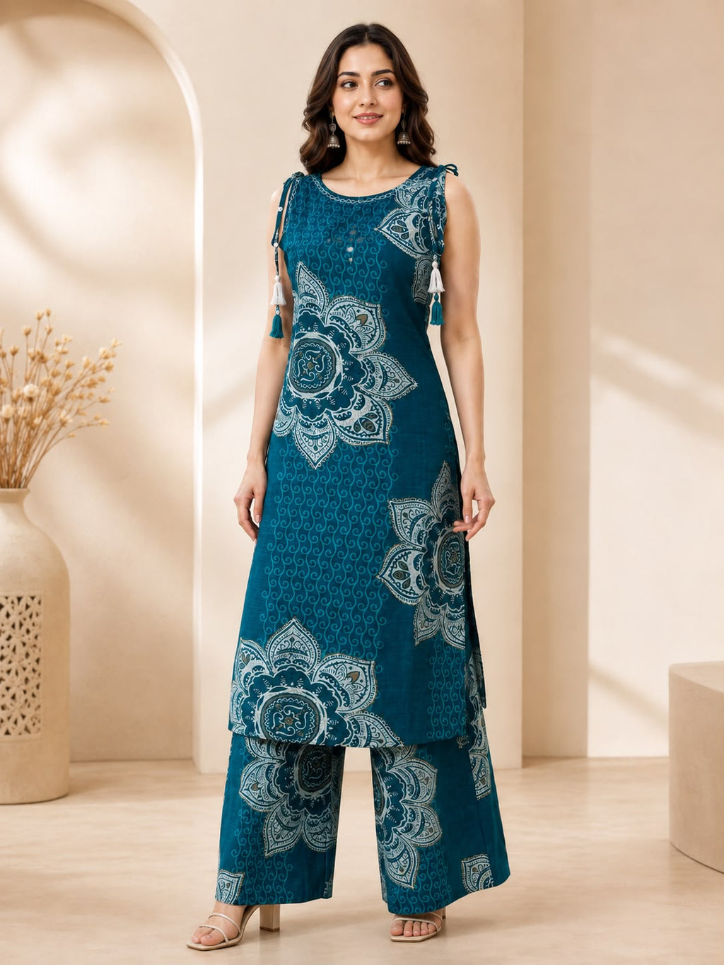 Rama Blue Printed Boat-Neck Co-ord Set with Palazzo