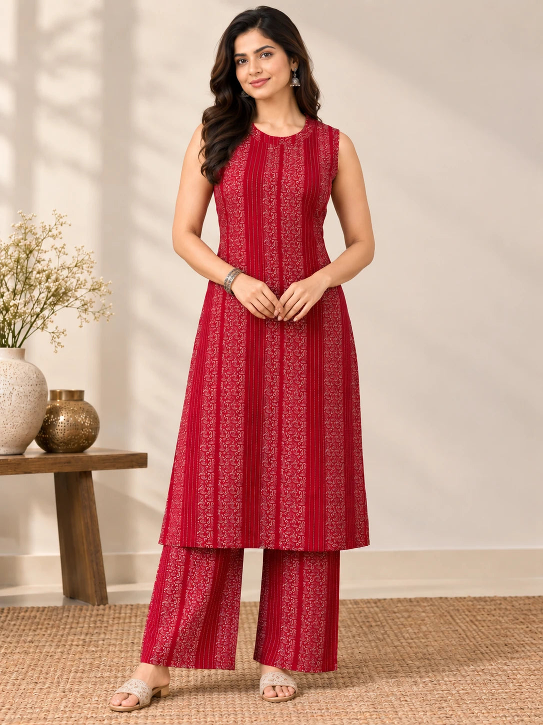 Rani Pink Floral Stripe Halter Neck Kurta Palazzo Set