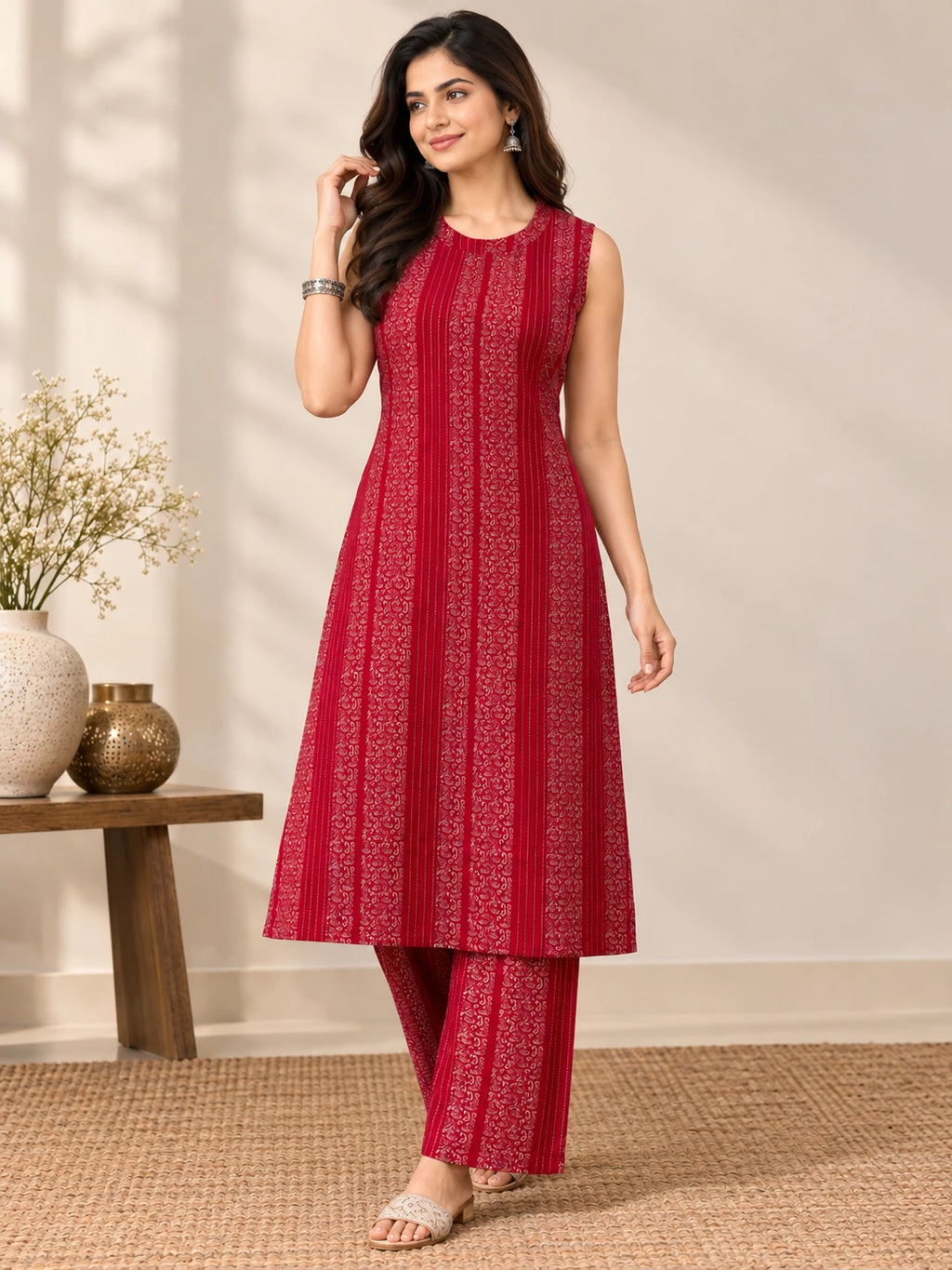 Rani Pink Floral Stripe Halter Neck Kurta Palazzo Set