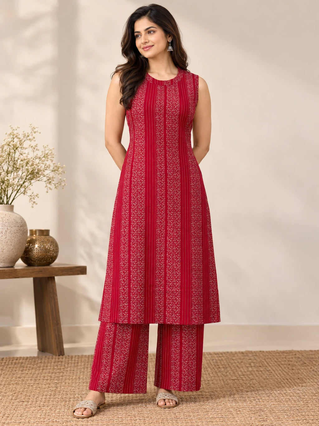 Rani Pink Floral Stripe Halter Neck Kurta Palazzo Set