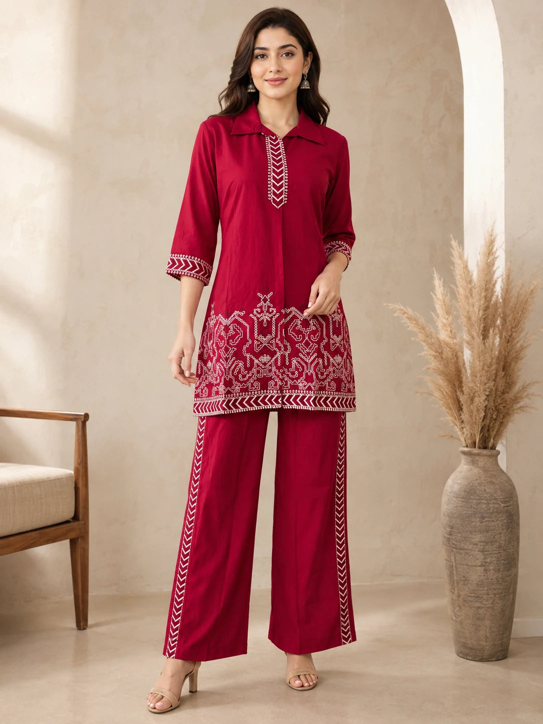 Rani Pink White Thread Work Short Co-ord Set